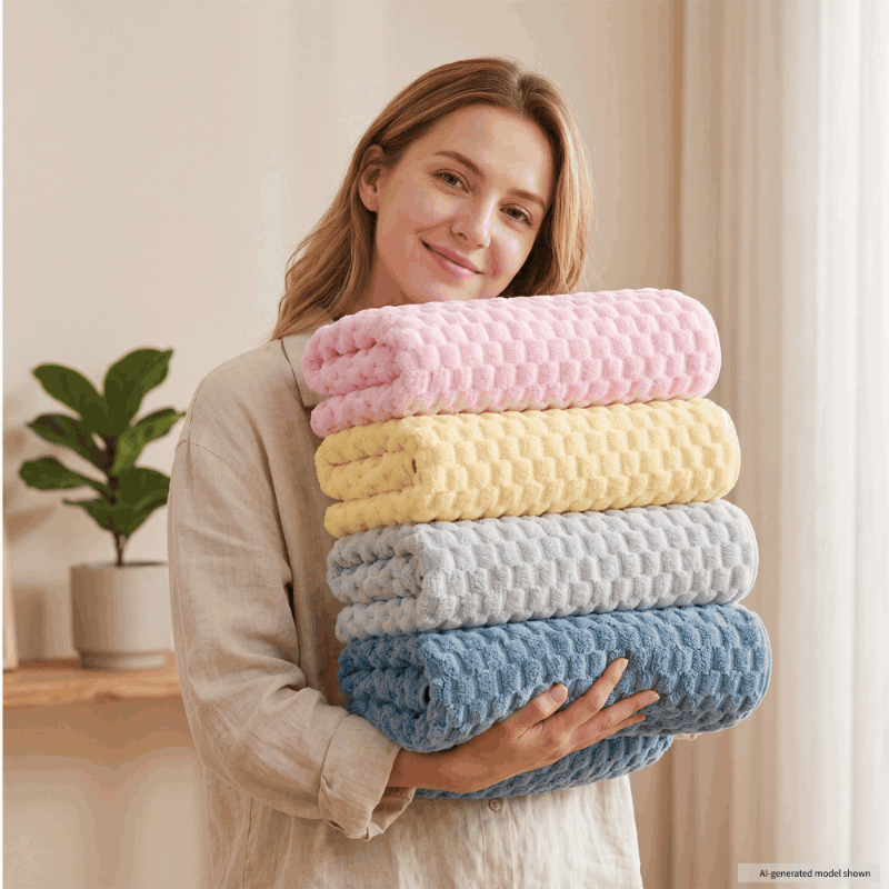 Family of four using color-coded pink, blue, gray and yellow microfiber bath towels in a bright bathroom