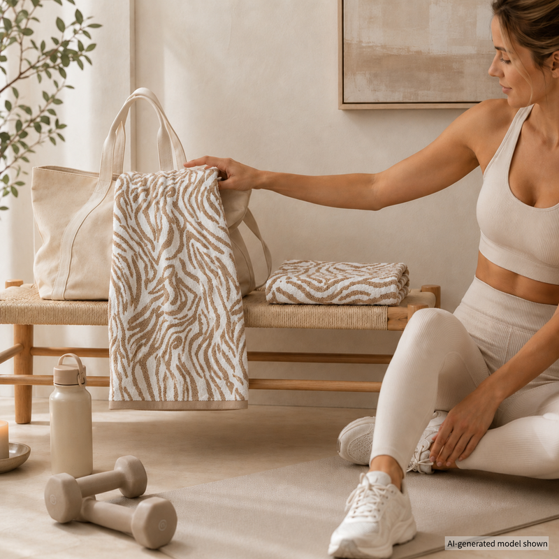 Woman packing brown zebra hand towels into a gym bag after a home workout