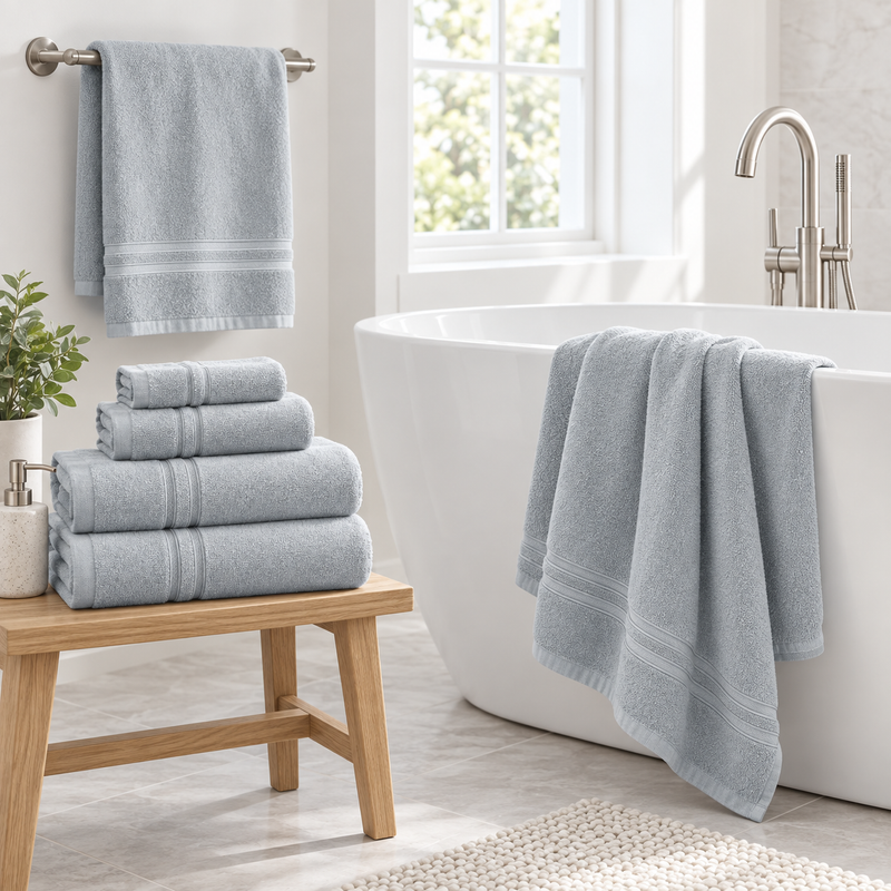 REDKISS light grey 6-piece 100% cotton towel set displayed in a bright, minimalist bathroom, with matching towels stacked on a wooden bench and draped over a white bathtub. #color_grey