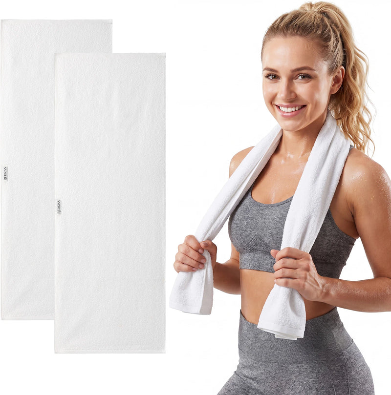 White REDKISS cotton gym towels shown beside a woman holding a matching towel.#color_white